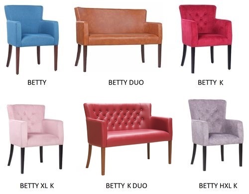 Design sestava BETTY pro restaurace nebo kavárny. Čalouněná křesla a lavice BETTY