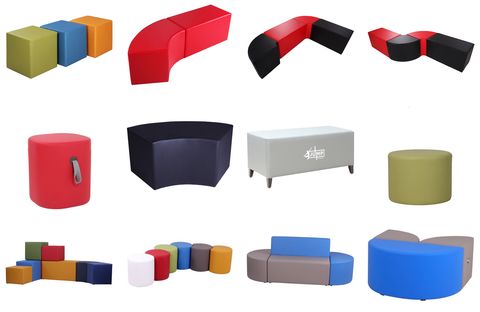 Taburety čalouněné pro sestavovaní oblíbených tvarů.